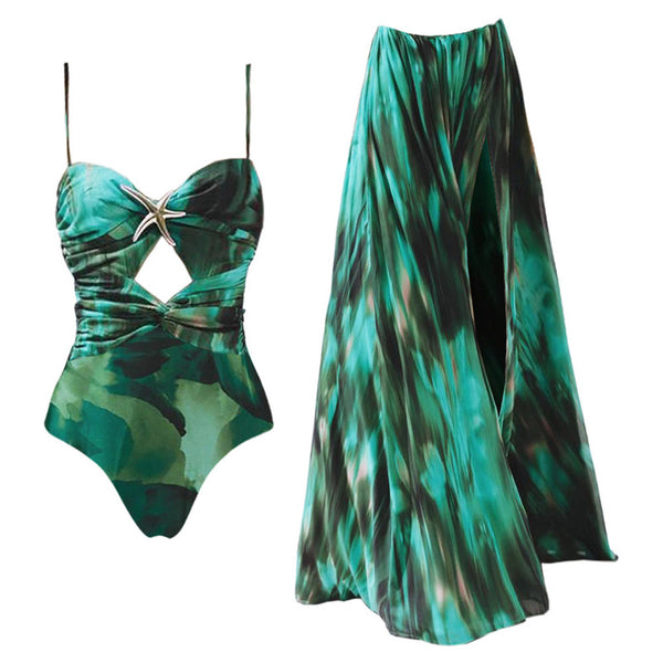 Color Fade Shoulder Strap One Piece Swimsuit with Cover Up Green