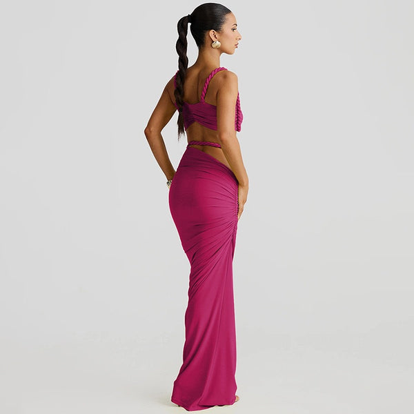 Solid Bikini & Wrap Skirt Set Stylish Two Piece shoulder strap Without Pads Pink