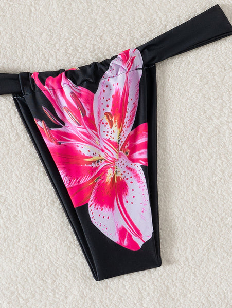Black Floral Thong Bikini Set