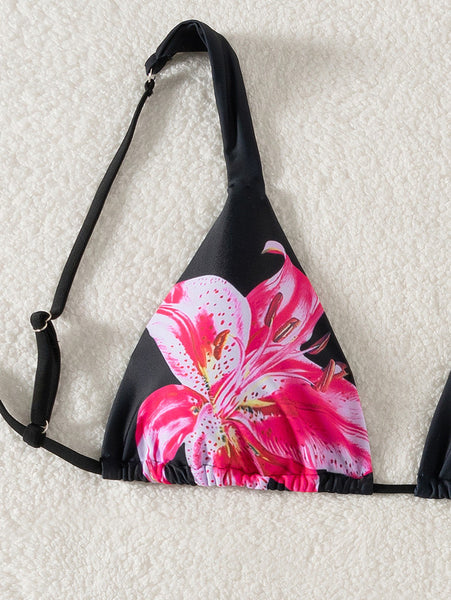 Black Floral Thong Bikini Set