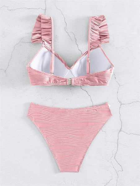 Pure Color Textured Twist Front Bikini Top and Bottom Light Pink