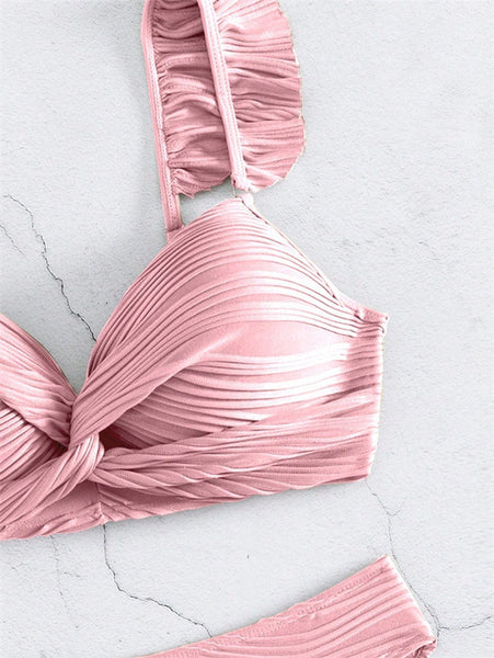 Pure Color Textured Twist Front Bikini Top and Bottom Light Pink