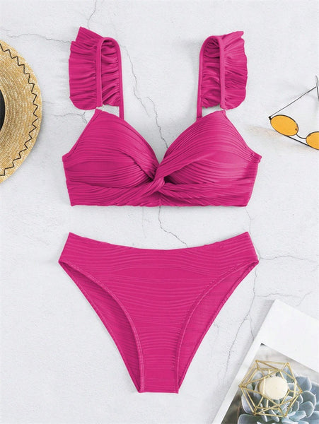 Pure Color Textured Twist Front Bikini Top and Bottom Pink