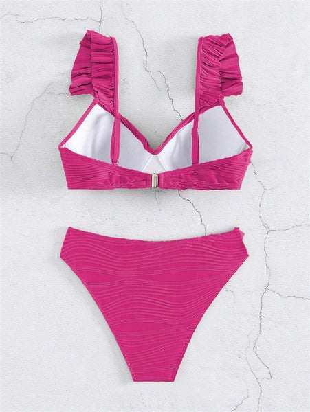 Pure Color Textured Twist Front Bikini Top and Bottom Pink