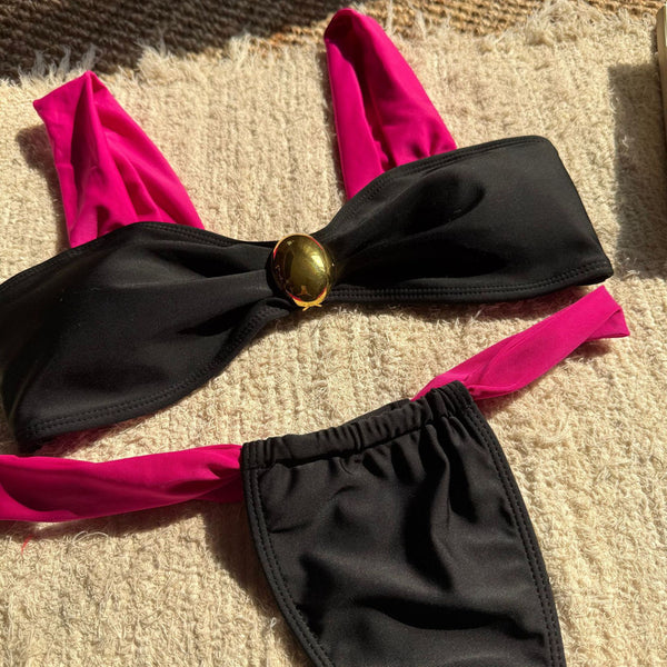 Black Solid Thong Bikini Set with Sarong