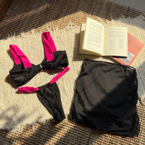 Black Solid Thong Bikini Set with Sarong