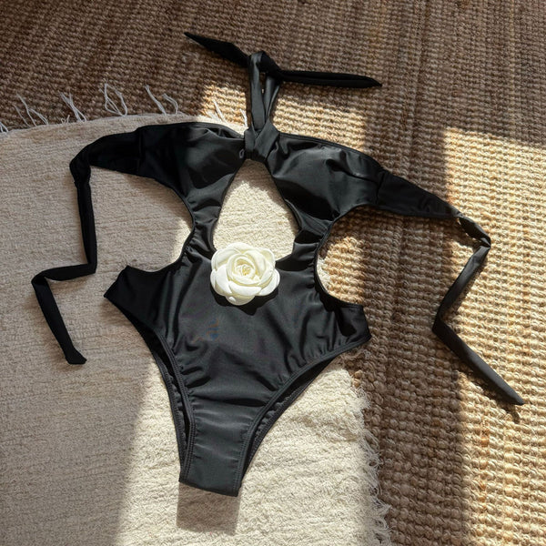 Black Solid Halter One Piece Swimsuit
