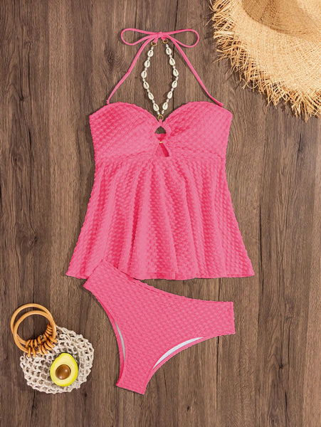 Pink Solid Halter Bikini Set
