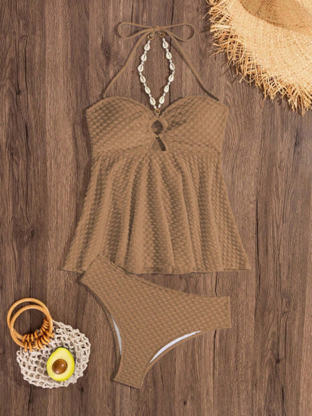 Brown Solid Halter Bikini Set