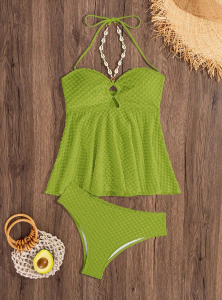 Green Solid Halter Bikini Set