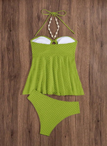 Green Solid Halter Bikini Set