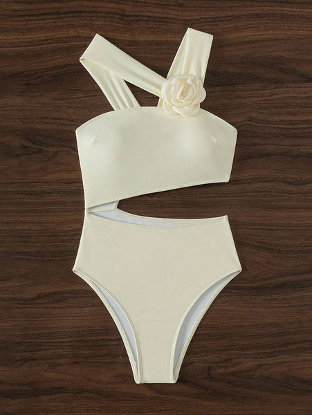White Soild Halter One-Piece Swimsuit
