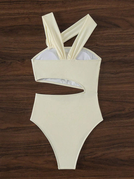 White Soild Halter One-Piece Swimsuit