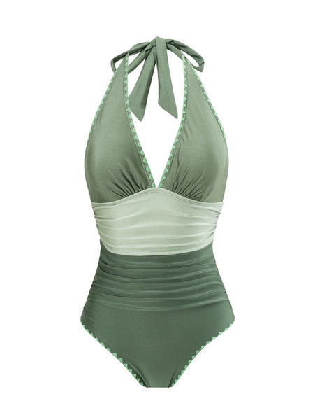 Green Solid Halter One-Piece Swimsuit