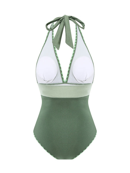Green Solid Halter One-Piece Swimsuit