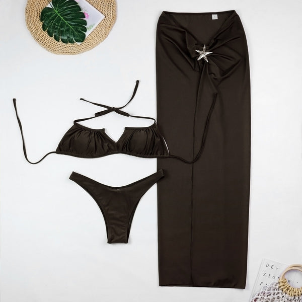 Brown Solid Bikini Set With Sarong