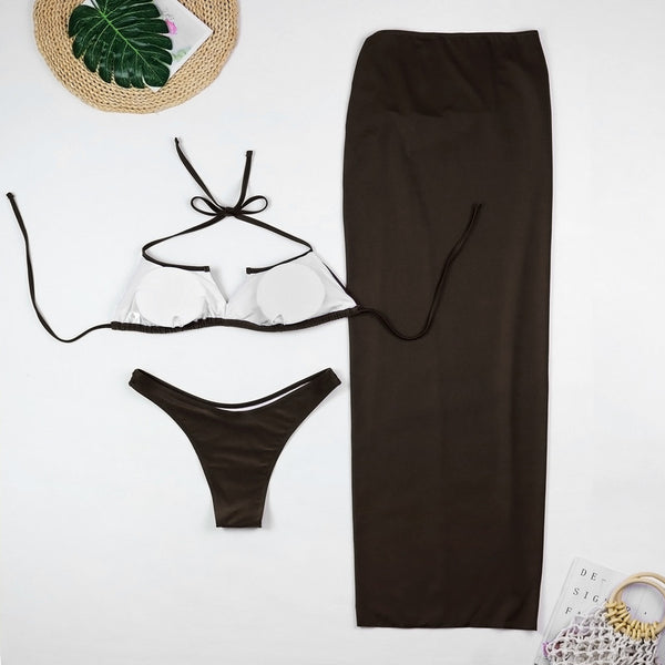 Brown Solid Bikini Set With Sarong