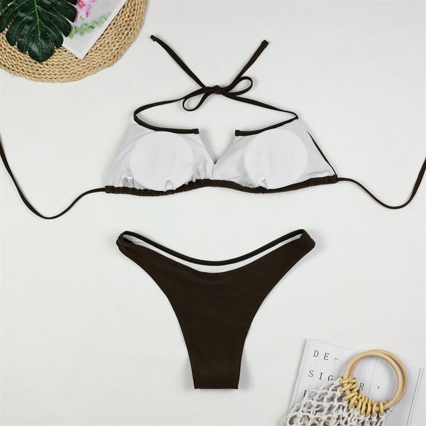 Brown Solid Bikini Set With Sarong