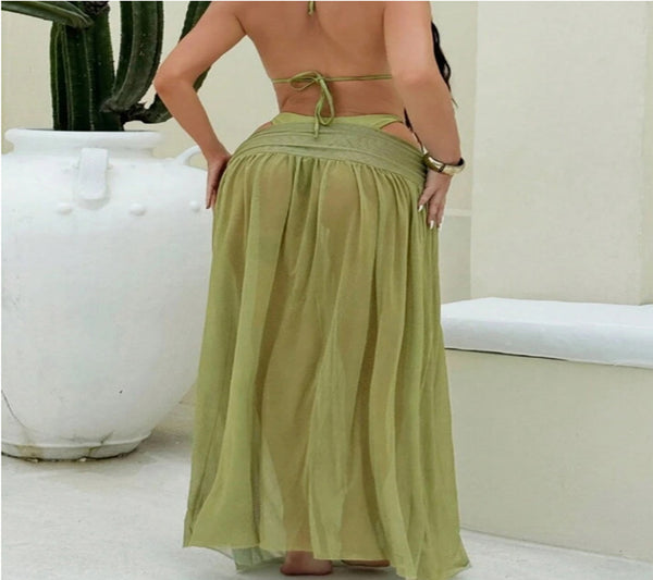 Green Soild Bikini Set With Beach Skirt