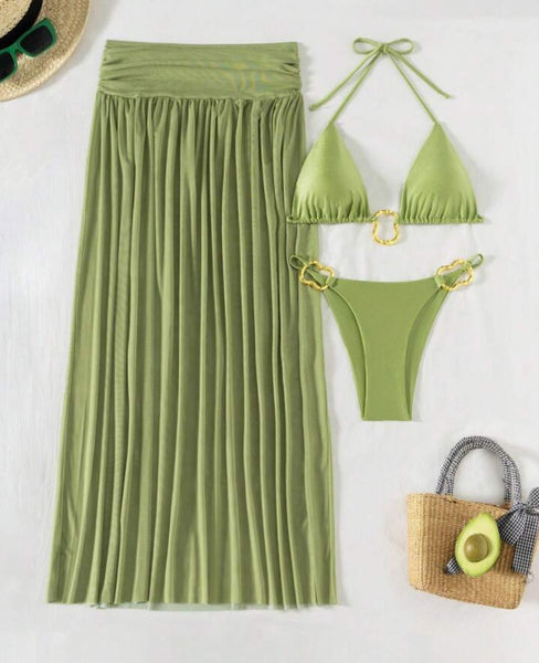 Green Soild Bikini Set With Beach Skirt