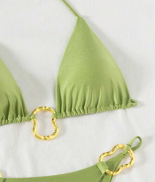 Green Soild Bikini Set With Beach Skirt