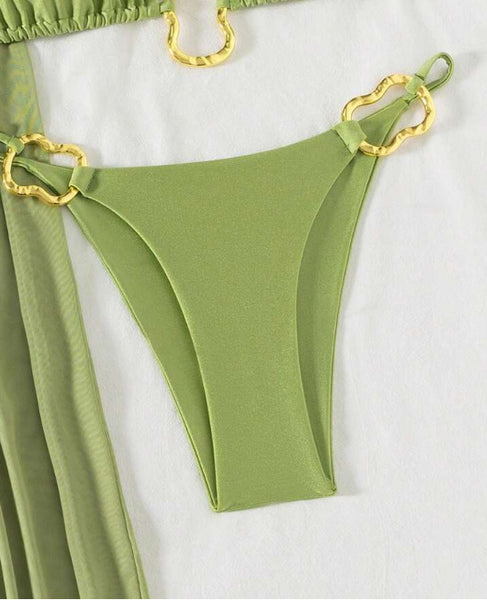 Green Soild Bikini Set With Beach Skirt