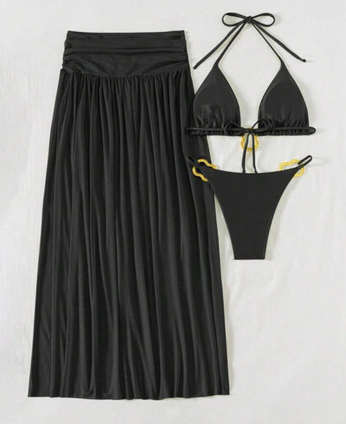 Black Soild Bikini Set With Beach Skirt