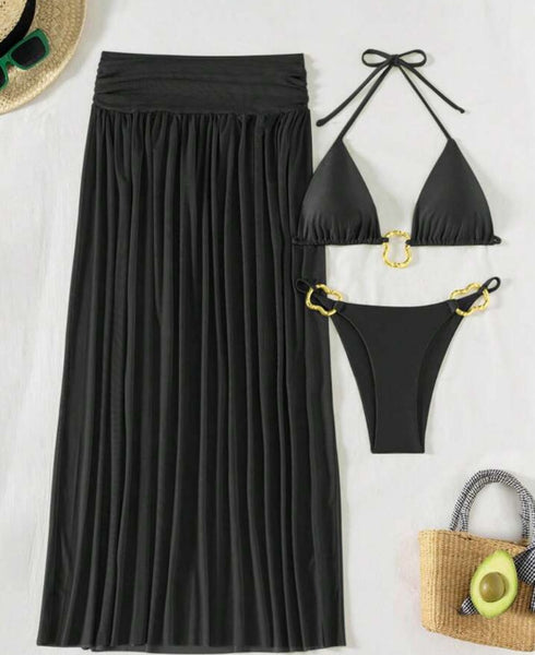 Black Soild Bikini Set With Beach Skirt