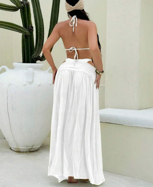 White Soild Bikini Set With Beach Skirt
