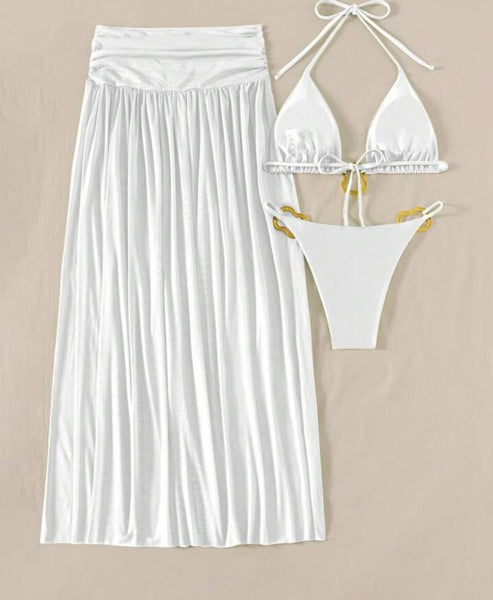 White Soild Bikini Set With Beach Skirt