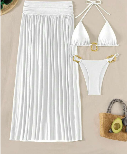 White Soild Bikini Set With Beach Skirt