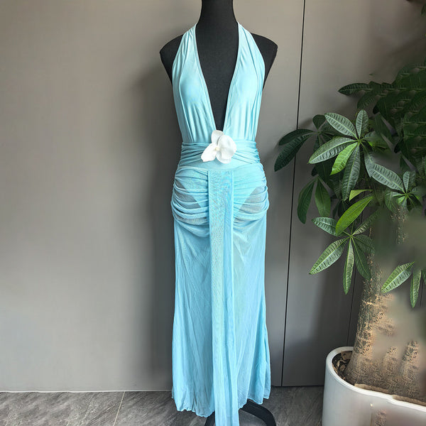Sky Blue Solid Deep V One-Piece Swimsuit With Sarong