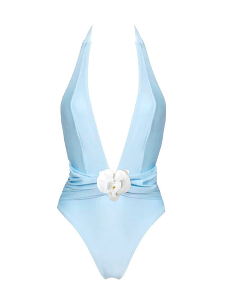 Sky Blue Solid Deep V One-Piece Swimsuit With Sarong