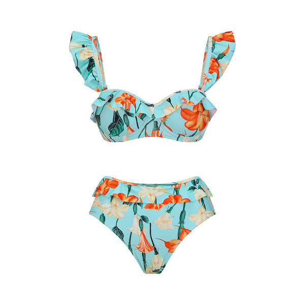 Sky Blue Bikini Set With Beach Skirt
