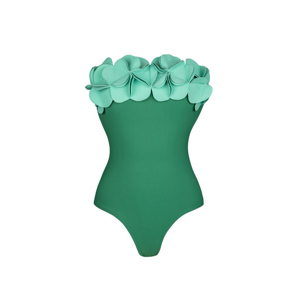 Green Soild Strapless Swimsuit with Beach Skirt