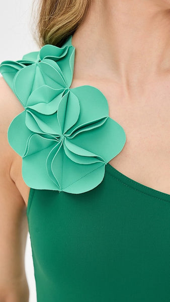 Green Soild One-Shoulder One-Piece Swimsuit With Beach Skirt