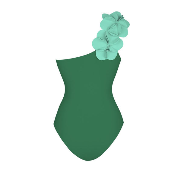 Green Soild One-Shoulder One-Piece Swimsuit With Beach Skirt