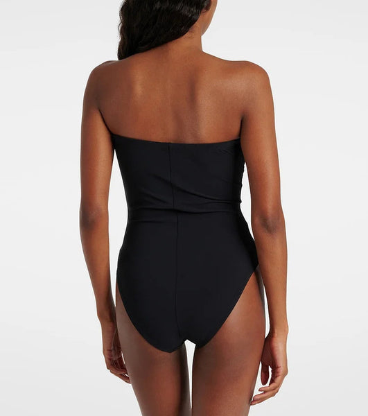Black Soild Strapless Swimsuit With Beach Skirt