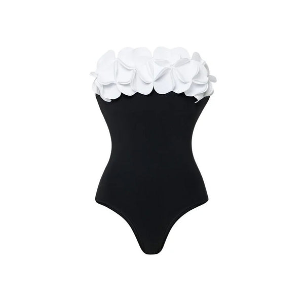 Black Soild Strapless Swimsuit With Beach Skirt
