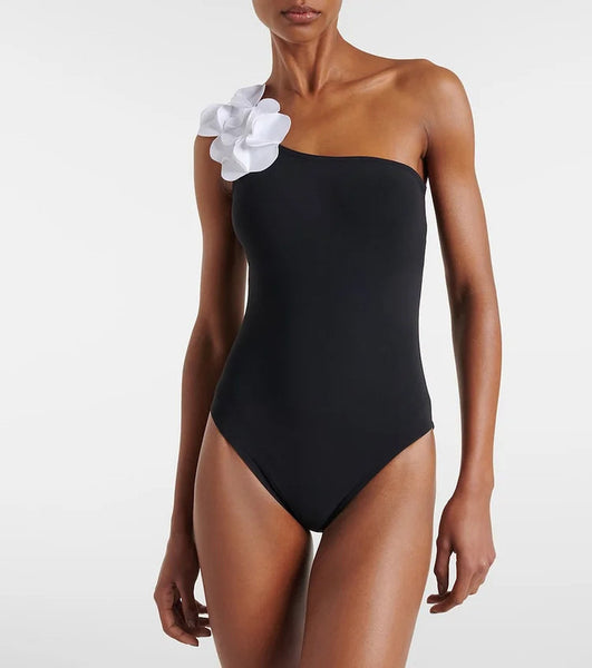 Black Soild One-Shoulder One-Piece Swimsuit With Beach Skirt