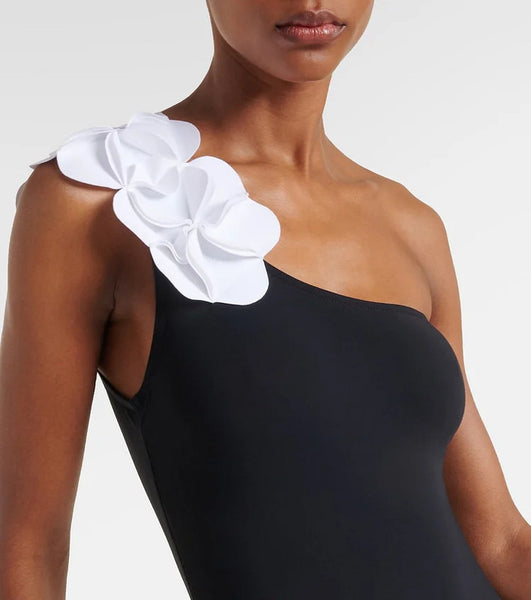 Black Soild One-Shoulder One-Piece Swimsuit With Beach Skirt