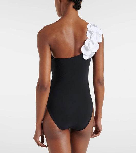 Black Soild One-Shoulder One-Piece Swimsuit With Beach Skirt