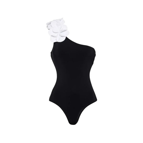 Black Soild One-Shoulder One-Piece Swimsuit With Beach Skirt