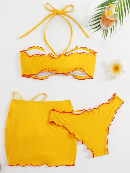 Yellow Soild Halter Bikini Set With Beach Skirt