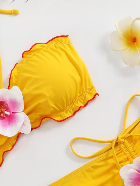 Yellow Soild Halter Bikini Set With Beach Skirt