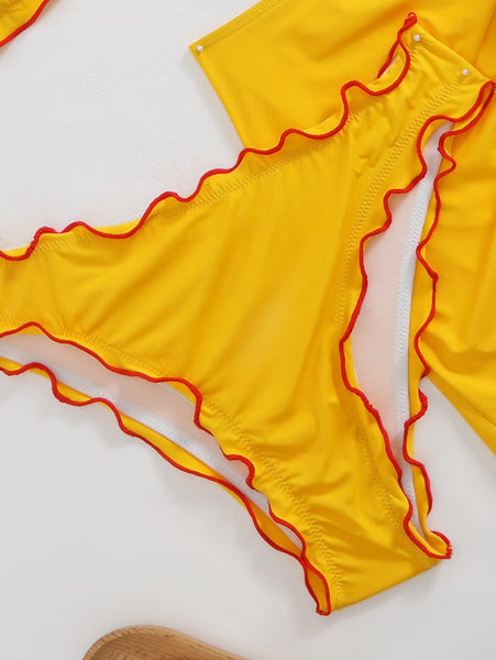 Yellow Soild Halter Bikini Set With Beach Skirt