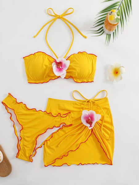 Yellow Soild Halter Bikini Set With Beach Skirt