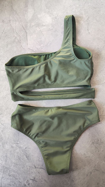 Green Soild One-Shoulder Bikini Set