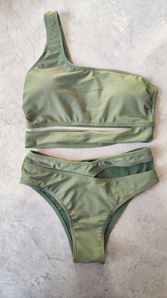 Green Soild One-Shoulder Bikini Set