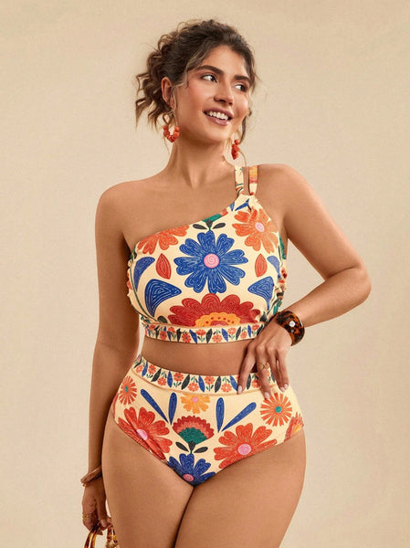 Multicolor Floral One-Shoulder Bikini Set 